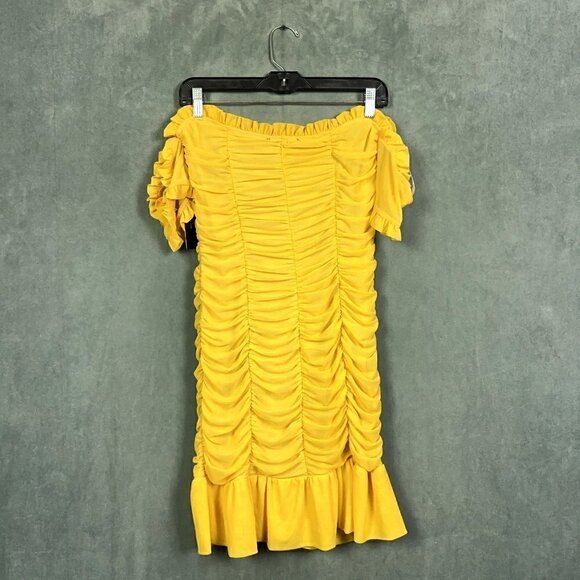 LULUS Dress Womens Size L Mustard Yellow Ruched Off-the-Shoulder Bodycon - Picture 8 of 12